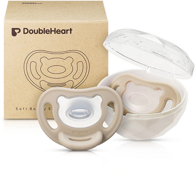 더블하트 올실리콘 통잠 쪽쪽이 노리개젖꼭지 소프트버디 에코, M, 베이지, 1개