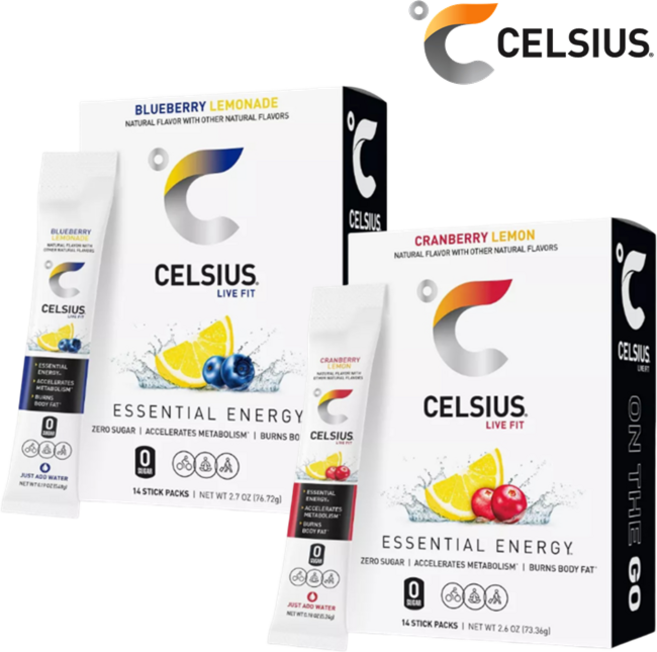 [CELSIUS] [1+1] 셀시어스 히트 워터 제로슈가 블루베리 레모네이드 맛 14개입 + 크랜베리 레몬 맛 14개입 에너지 드링크 파우더 Energy Drink Mix