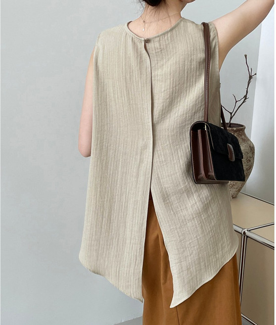 퀸앤조이여성 봄여름 A라인 로니르 백슬릿 민소매 블라우스 빅사이즈 데일리 캐주얼