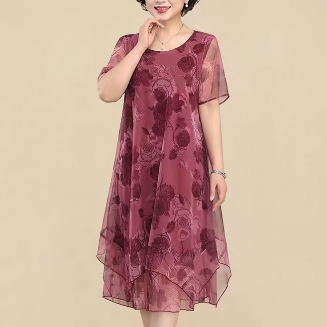 Makone 여성 라운드넥 쉬폰 반팔 원피스 언반란스 밑단 플레어 엘레강스 트랜드 루즈핏 40대 50대 시크 빅사이즈 망사 엄마 미디원피스