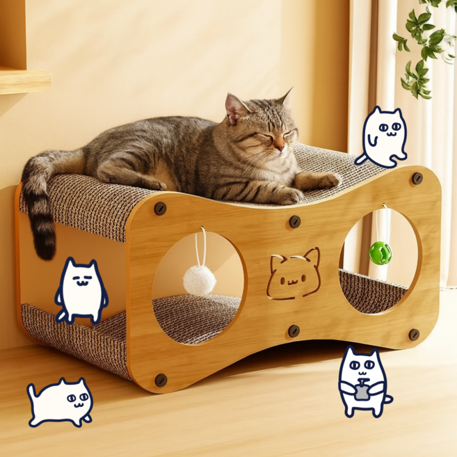 드리피 고양이 숨숨집 하우스 터널형 스크래쳐 장난감, 1개, 우드