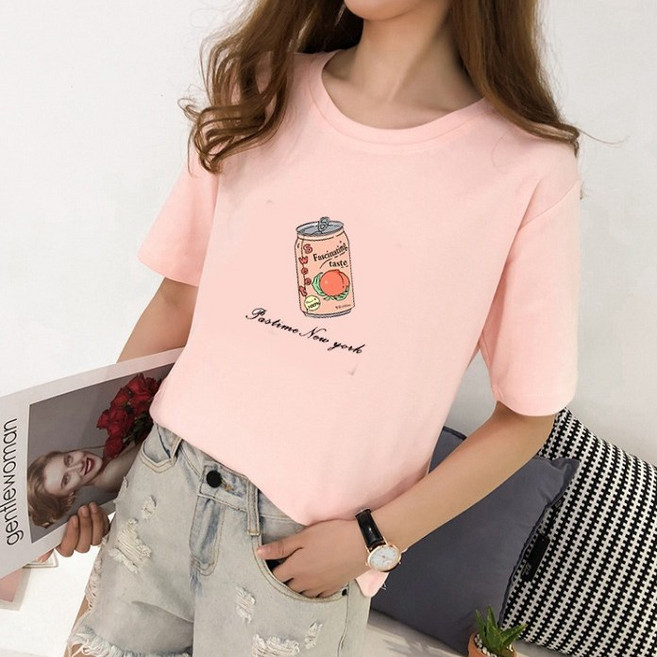 스타일아유 찰랑매력 프린트티 편안한 핑크캔 여성용 반팔 티셔츠