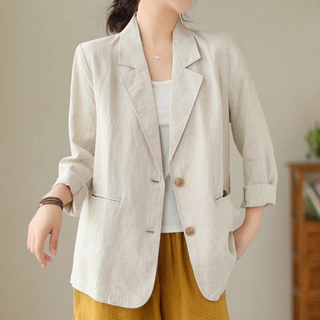 플랜앤유 여성 내추럴 린넨 루즈핏 자켓
