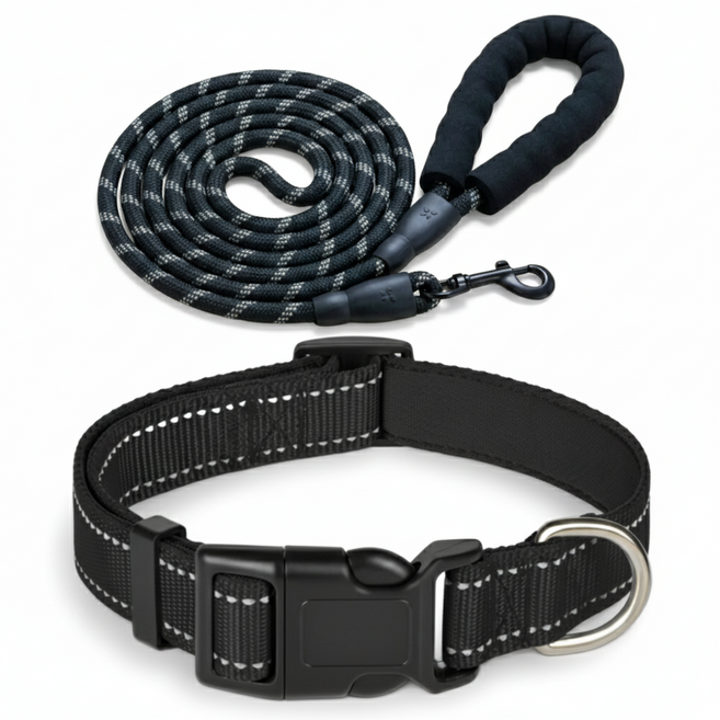 온벨 대형견 중형견 목줄 세트, 1세트, 블랙