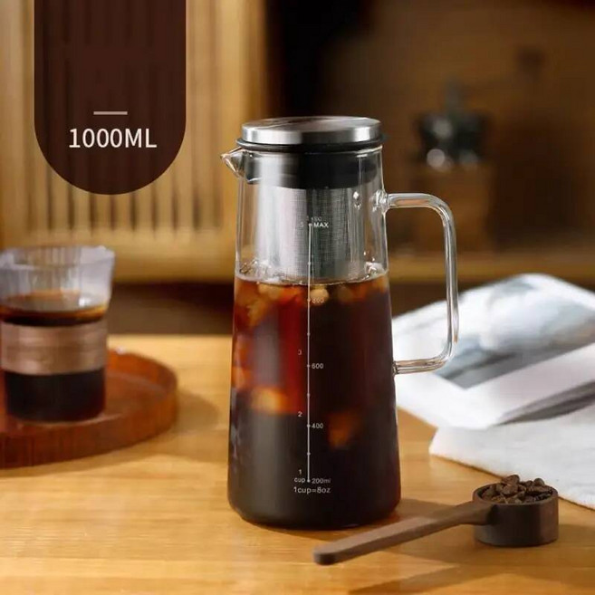 모카포트 콜드 브루 아이스 커피 메이커 밀폐 차 주입기 1000ml 2L 유리 물병 탈착식 스테인레스 스틸 필터 포함 티, 1000ML C