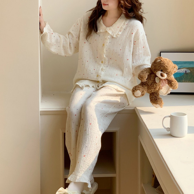 아르앤유 여성 순면 더블거즈 프릴 카라 긴팔 긴바지 홈웨어 파자마 상하세트