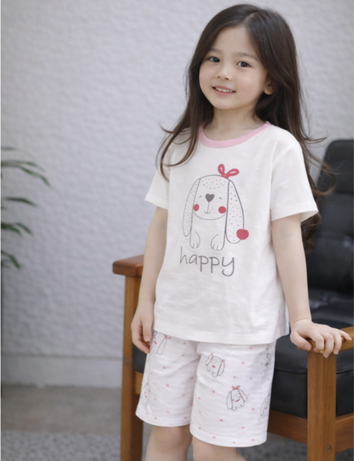 행복한쇼핑몰 여아용 무형광 린넨 쿨드라이 해피강아지 상하의 반팔 세트