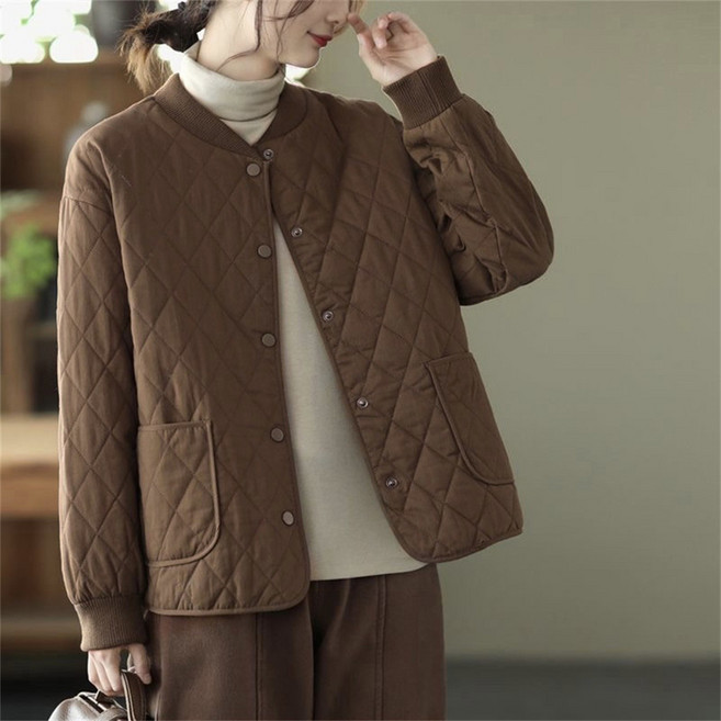 TKX 경량패딩 여성 가볍고 세련된 퀼팅 패턴 자켓 깔깔이 오리털 노카라 배색