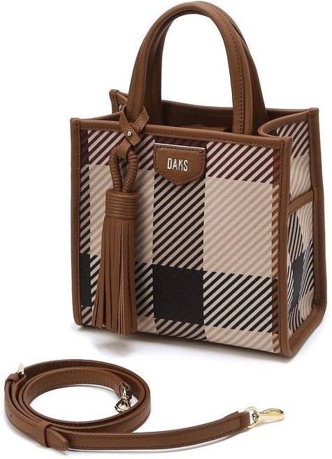 닥스 여성 브라운 천연 소가죽 빅하우스 체크 스몰 크로스백 겸 토트백 DCBA1E687W2