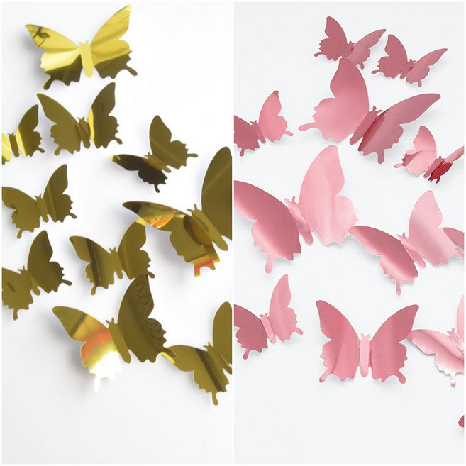 예삐스토어 12p 입체 나비 포인트 벽장식 자석부착 스티커 3d 벽지 데코 아이방, 골드+로즈핑크