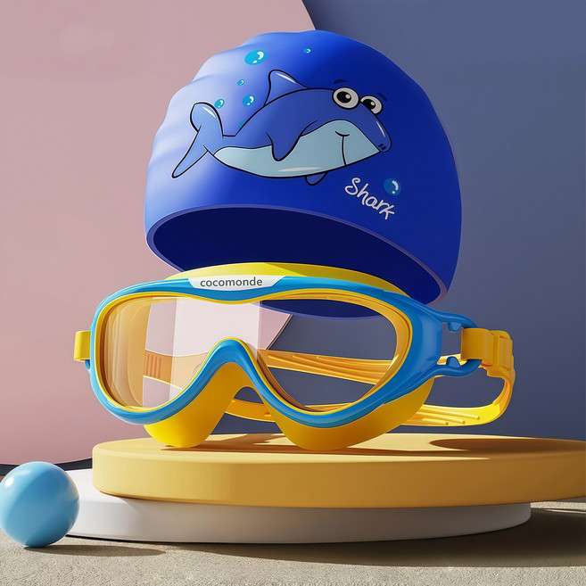 코코몽드 프리미엄 와이드 어린이물안경 수영모 세트, 1세트, 옐로우