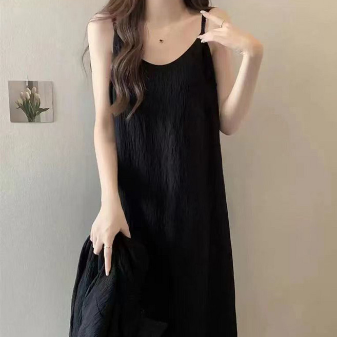 이노뱅크 INO572A 여성 플리츠 끈 나시 슬리브리스 롱 원피스