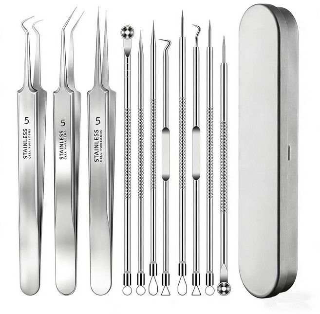 독일 정밀 블랙헤드/면포 제거 툴 여드름 압출기 미용 집게 피부 관리 전용 도구 세트, 1개, 초정밀 여드름 제거 도구 11종 세트 + 보관 케이스