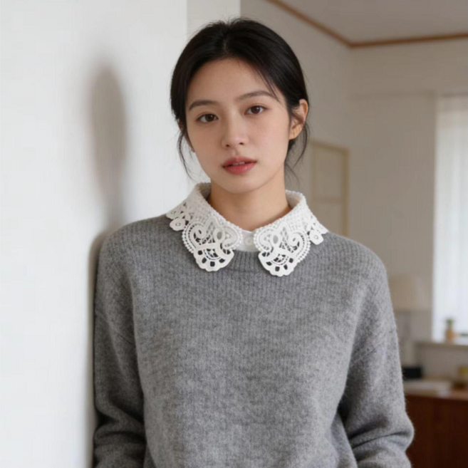 레이스 프릴 하이넥 페이스카라 넥케이프