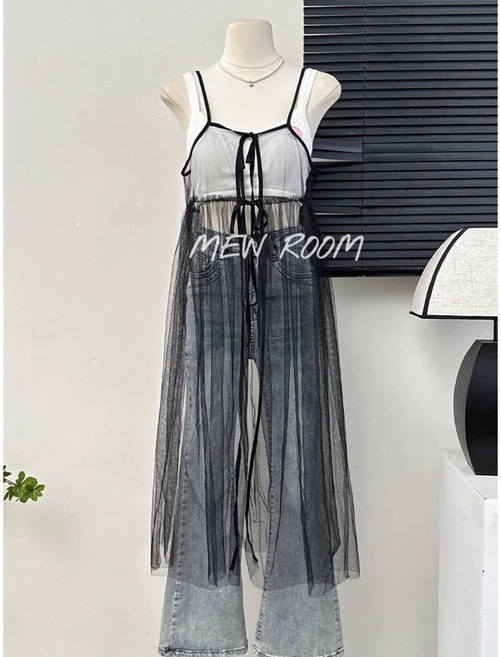 MEW ROOM 雪紡紗透膚細肩帶綁帶外搭紗裙 黑色, 黑