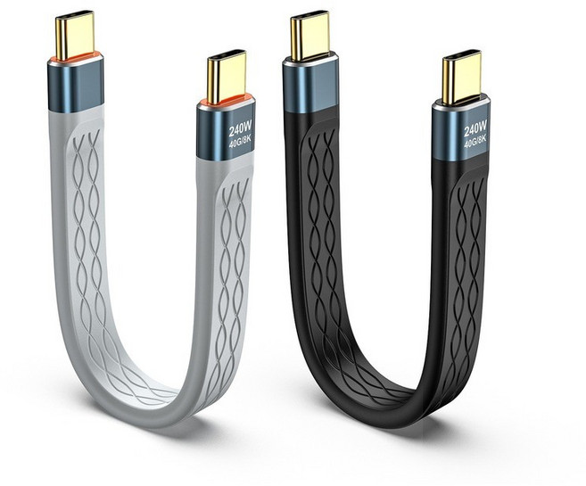 Type-C 雙頭便攜數據線 FPC扁線 PD240W 快充數據線 40GB 傳輸 雷電4 全功能線, 1個, USB4.0數據線, 灰009-01, 13cm