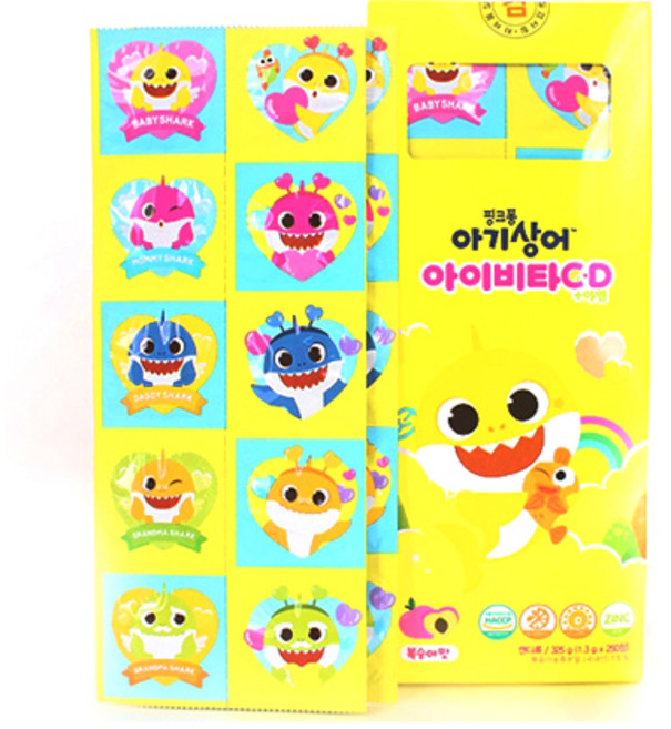 다산헬스팜 키즈비타민 핑크퐁 아기상어 아이비타cd +아연 복숭아맛 250정, 4개