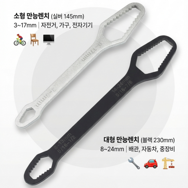 슬러피 양면 자동조절 만능렌치 멀티렌치 3-17mm 8-24mm 세트, 2개