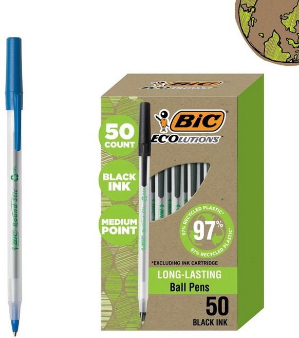 BIC 볼펜 라운드스틱 1.0mm 에콜루션 빅펜 12P, 50개, 블루