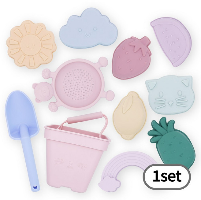 토이토 실리콘 모래놀이 11pcs 올인원 세트 접이식 소프트 샌드토이, 사각형 데일리 세트, 1개