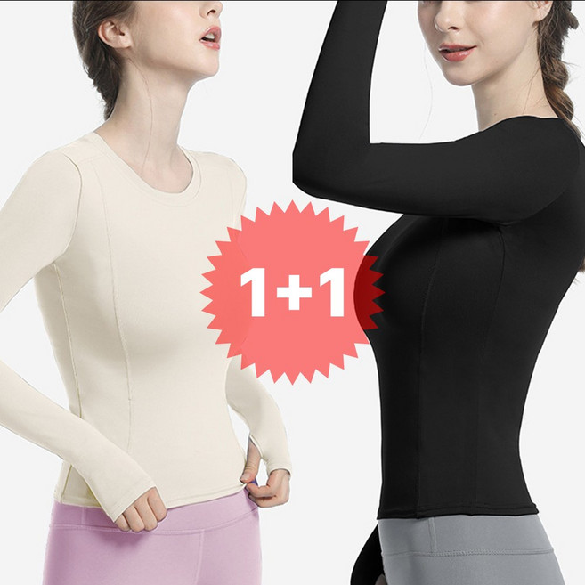 지디오 여성 요가복 상의 2개 세트 슬림핏 긴팔 티셔츠 라운드 스판 긴팔티 빅사이즈 운동복