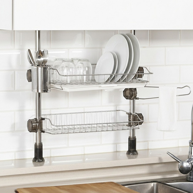 한스리빙 고급 기둥식 스텐 싱크선반 식기건조대, 1개, 400 실버, 2단