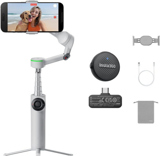 Insta360 플로우 2 프로 마이크 번들 그레이 접이식 AI 폰 짐벌 200개 이상의 iOS 앱에 탑재된 트랙 다중 사용자 및 3 Summit White - Mic Bundle