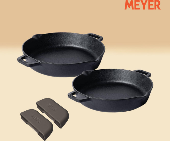 마이어 프리시즈닝 무쇠 주물 양손 프라이팬 3종 세트 (양손22+양손24+ 양손 실리콘 핸들), 1세트