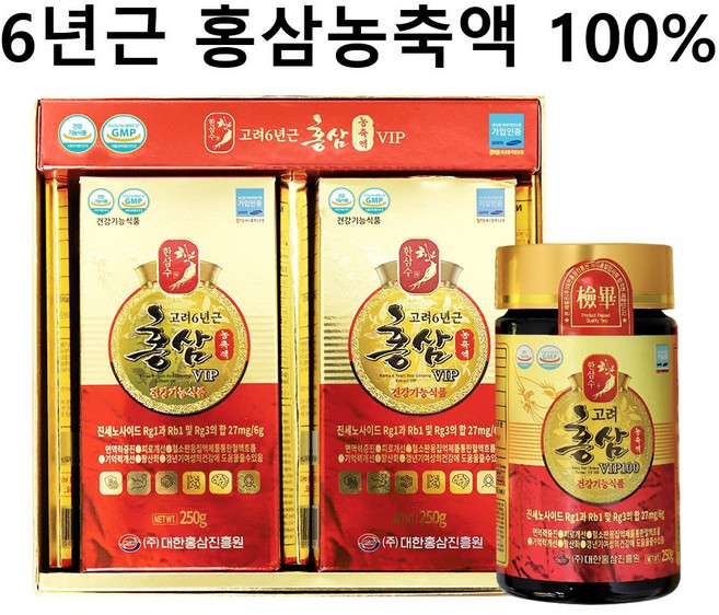 고려 6년근 100% 홍삼 농축액 VIP 2병 고함량 진세노사이드, 1개, 500g