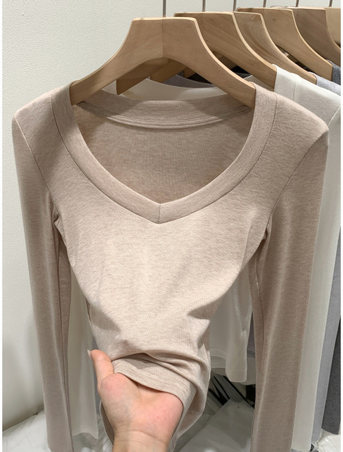 [하루마켓]텐셀 울 내의 베이스 레이어 T 여성 가을 슬림핏 셔츠 V 칼라 긴팔 상의