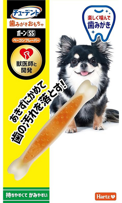 튜던트 칫솔질 장난감 본 SS 초소형 개 전용 베이컨 맛 하트 Hartz 개 장난감 치약 치과 관리 수의사와 개발 질리지 않고 물고 치아의 얼룩을 떨어 뜨린다!, 1개, 상세페이지 참조