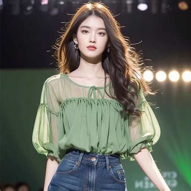 해피유통 여성 여름 시스루 컷 반팔 블라우스 연두색 끈 디자인M07