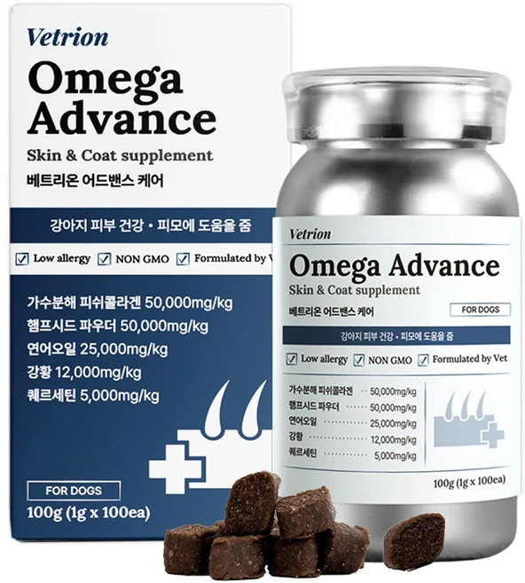 베트리온 오메가3 어드밴스 강아지 피부 영양제 가려움증 알러지 습진 아토피, 1개, 피부/피모, 100정 - 쿠팡