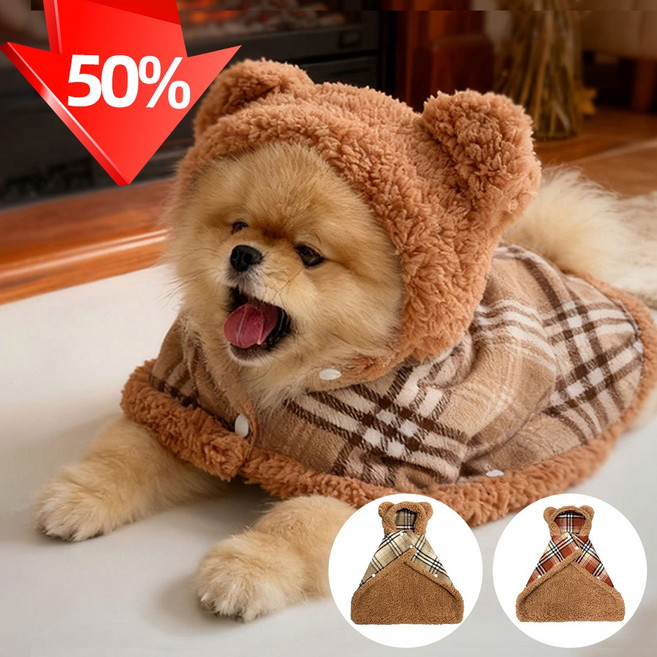 NUTRIVIO 애견옷 후디 담요 곰돌이 가을 겨울옷 후리스 고양이 강아지옷 망토, 1개, 레드 체크
