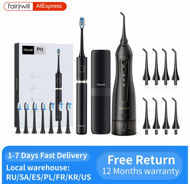 Fairywill 전기 음파 칫솔 및 물 Flosser USB 충전 방수 5 모드 3 브러시 헤드 칫솔 치아 클리너, 10.5020E-W-P11-W, 1개
