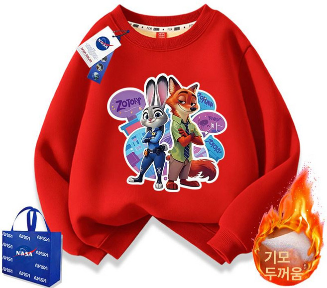 주토피아 맨투맨 티셔츠 주디 추리닝 동물 캐릭터 세트 상하복 기모 바지 겨울, 여우선생 토끼 아가씨 레드