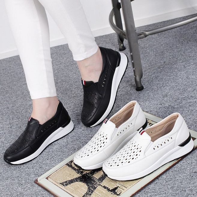 슈라인 깔끔한 봄 여름 펀칭 발편한 여성 가죽 슬립온 키높이 통굽 운동화 4cm