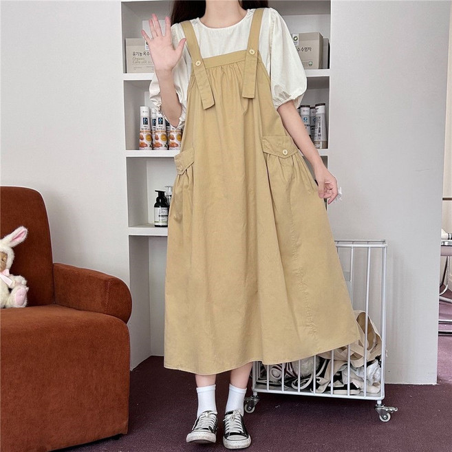 Vezri 여성용 캐주얼 와이드핏 빅포켓 멜빵 원피스 봄 여름 가을