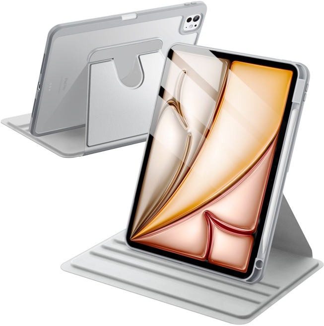 디상커 아이패드 720도 회전 아크릴 단색 투명 펜슬수납 충격 방지 거치대 태블릿 케이스 에어 8/7/6/5/4 프로 8/7/6/5/4/3 세대 11/13인치, 그레이, 1개