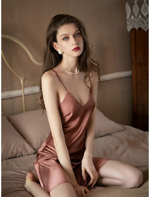 性感真絲吊帶睡裙家居服兩件套裝, 1個, 焦糖色（單件睡裙）XL