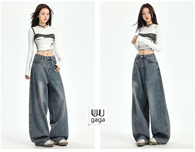 유유가가 여성 아메리칸 스트릿룩 와이드 간절기 데님 팬츠 항아리 통청바지