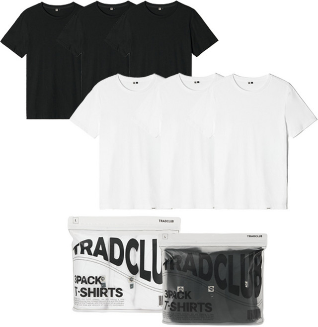 트래드클럽 3팩 30수 남녀공용 순면 라운드 반팔 티셔츠 (2컬러 M~5XL)