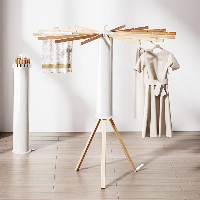 공간절약 튼튼한 우산형 접이식 빨래 건조대, 화이트 우드