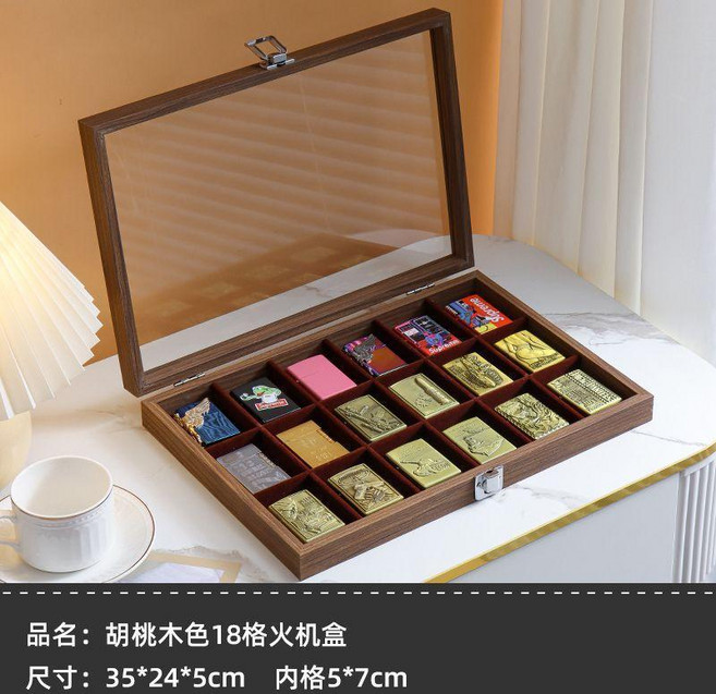 黑皮18格打火機收納盒 個性收藏展示盒, 1個, 胡桃木色18位火機盒, 胡桃木色, 18位