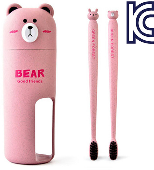 치프몰 휴대용 곰돌이 칫솔 양치컵 세트 여행, 핑크, 1개