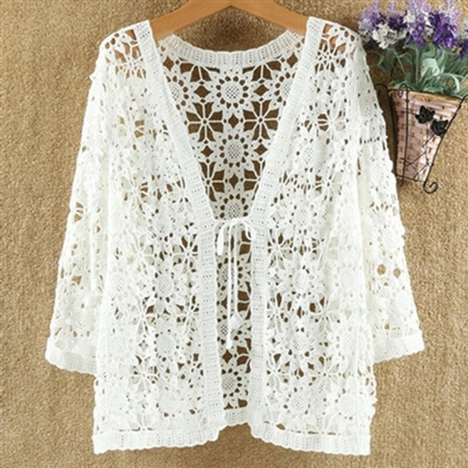 크로셰 가디건 여성용 빅사이즈 니트 펀칭 자외선차단 카디컨 여름 중년 여성 브이넥 재킷