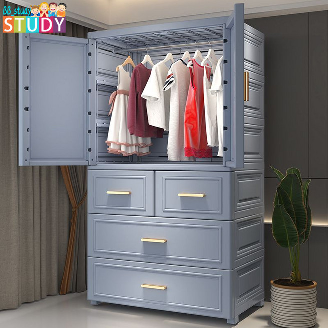 兒童簡易塑膠衣櫃 加厚收納儲物櫃, 掛衣櫃1層抽屜,60寬衣櫃-輕奢灰