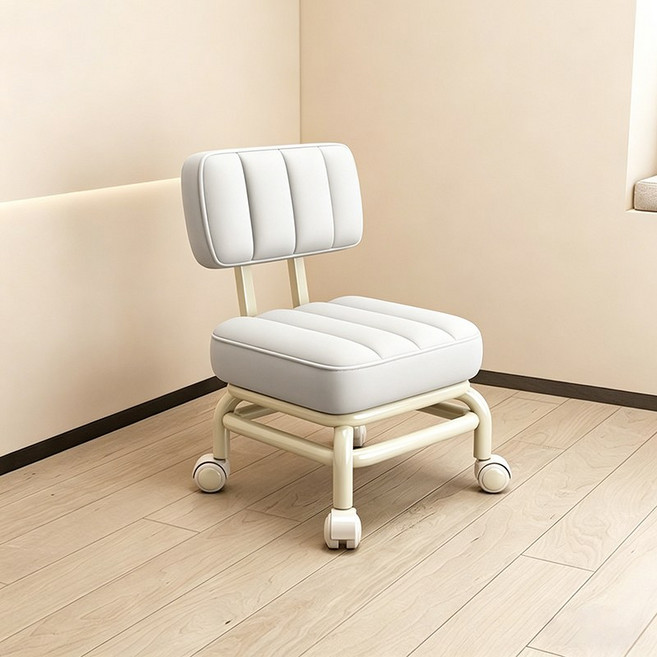 WHH 바퀴 가죽 스툴 미니 등받이 현관 의자, 베이지