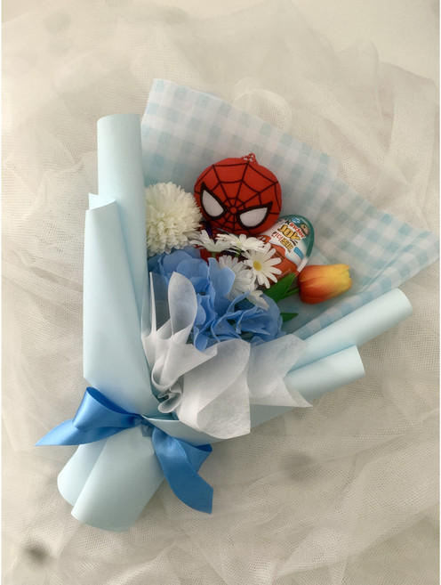 샤이니벌룬 마블 어벤져스 킨더조이 조화 꽃다발 졸업식 입학식, 하늘색 포장, 스파이더맨
