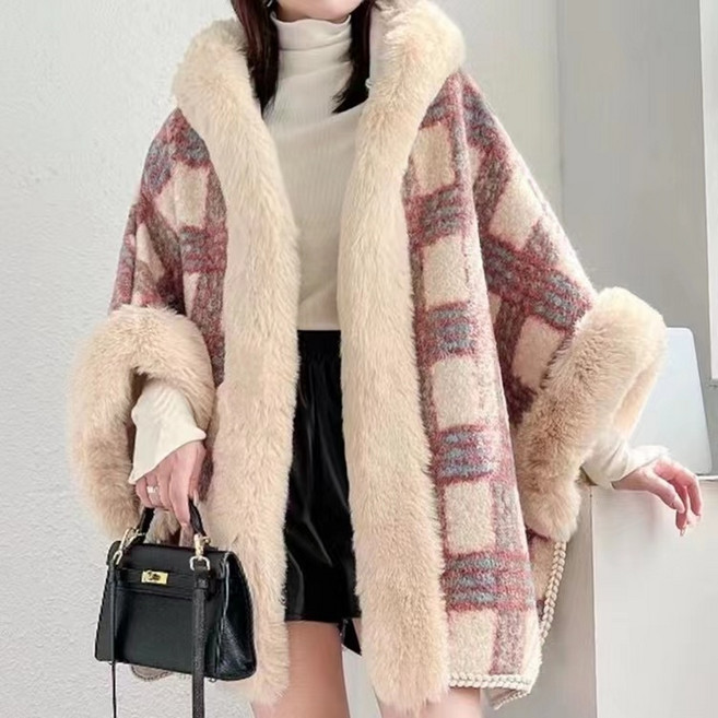 라오농 여성용 가을 겨울 데일리 체크 케이프 따뜻한 후드 케이프 코트 JHD11JJ